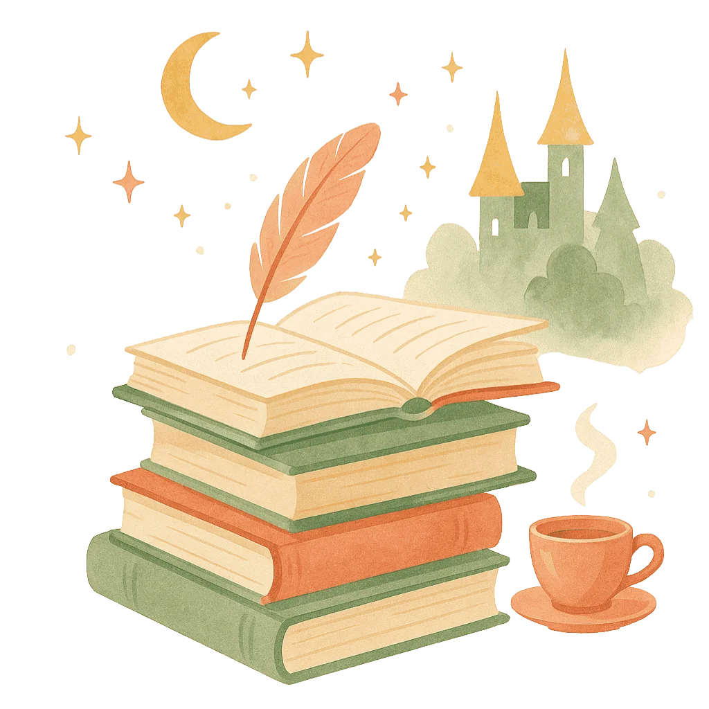 Illustration pastel d’une pile de livres avec une plume et une tasse de thé, style cosy fantasy. Blog littéraire fantasy romance young adult et mangas SheTales.